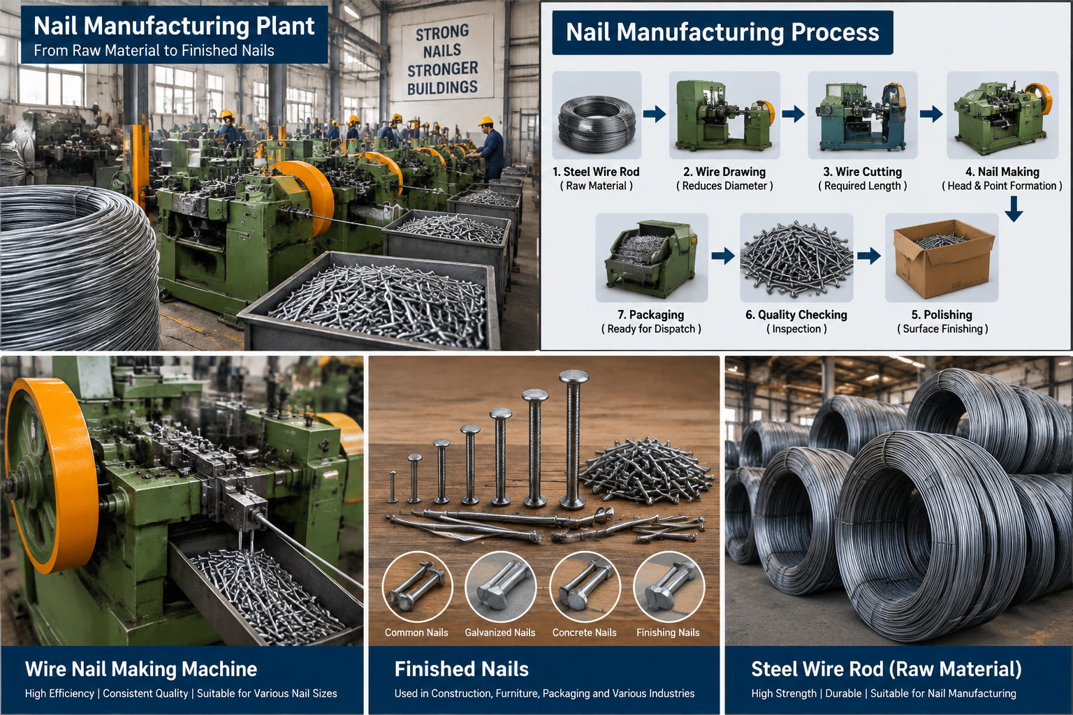 Nail manufacturing process and machinery used for making nails