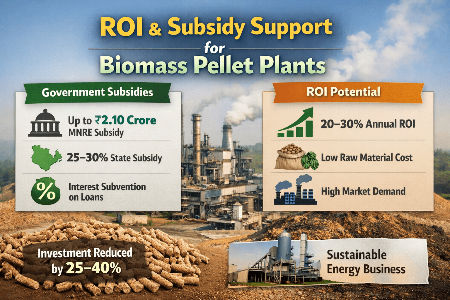 Read more about the article ROI & Subsidy Support for Biomass Pellet Plants in India 2026 Guide