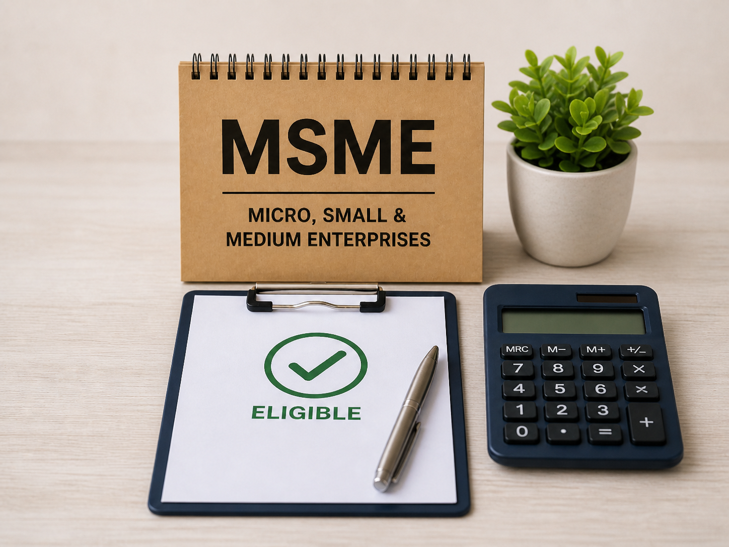 MSME Eligibility Criteria 1 MSME eligibility criteria concept with eligible checklist, calculator, pen, plant, and Micro Small and Medium Enterprises desk calendar.