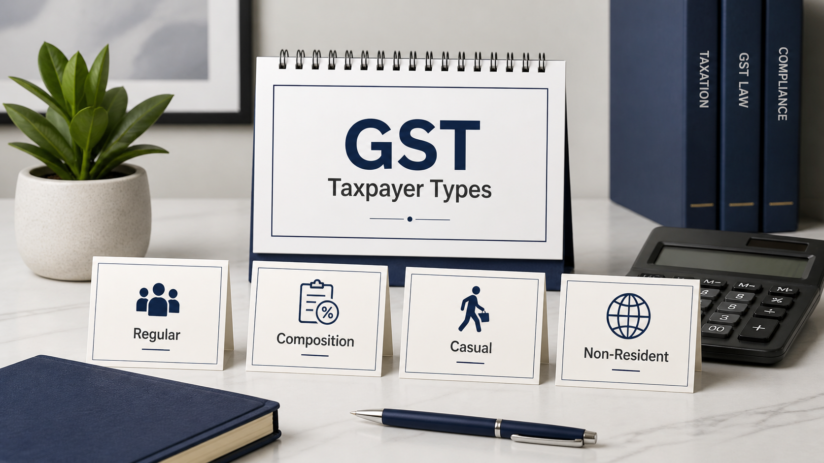 Types of Tax Payers under GST 1 Types of taxpayer under GST infographic showing regular, composition, casual, and non-resident taxpayer categories with office desk items.