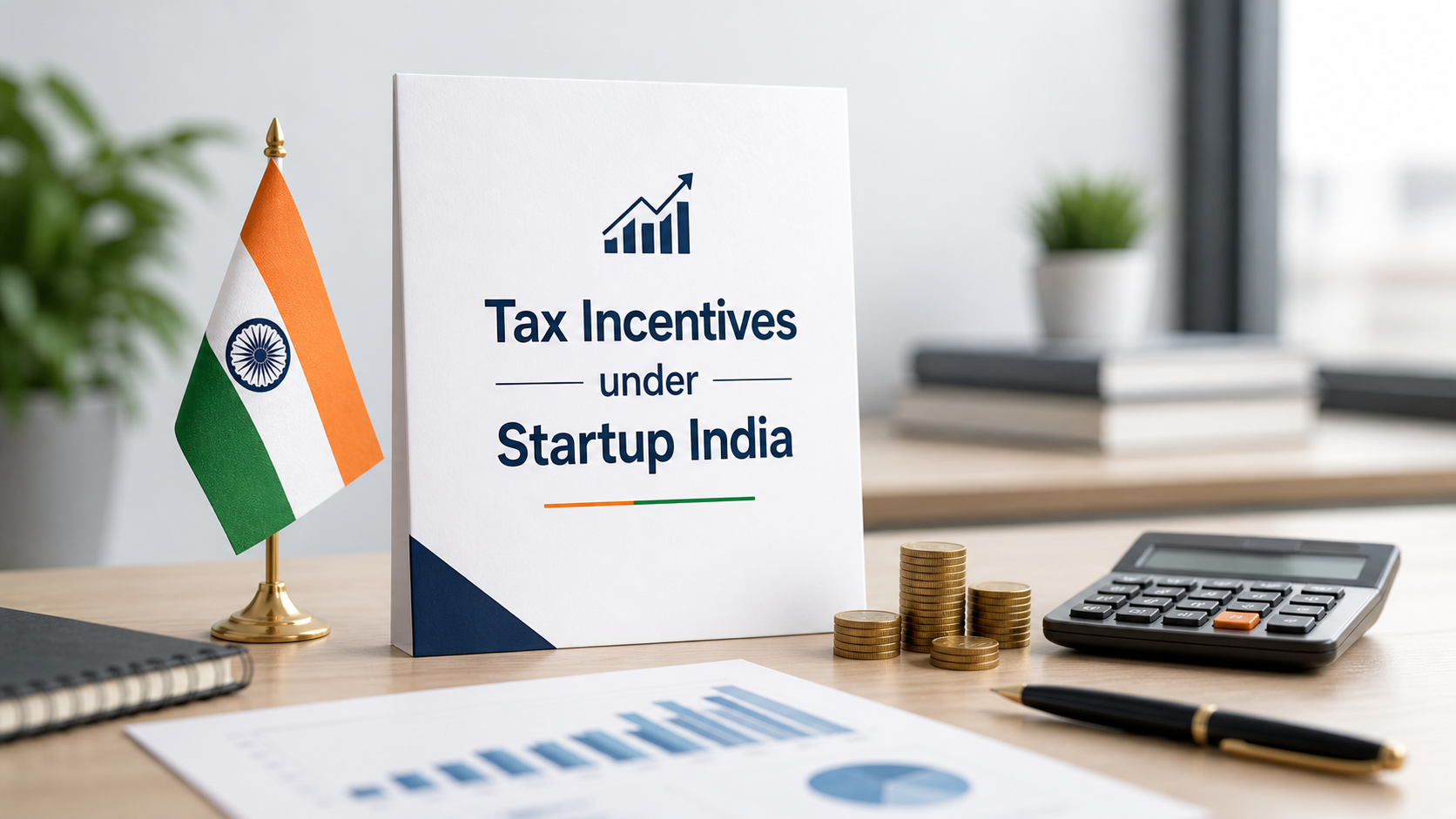 Tax Incentives - Startup India 1 Tax incentives under Startup India concept with Indian flag, startup growth chart, calculator, coins, tax documents, and office desk setup.