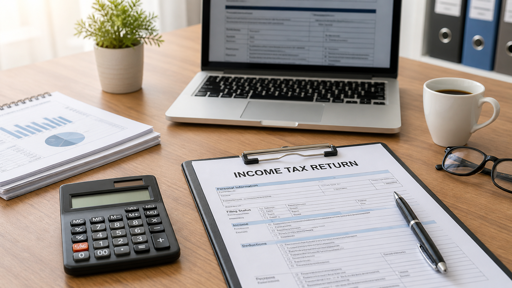 How to avoid mistakes when filing Income-tax return 1 Income tax return filing concept with ITR form, calculator, laptop, pen, documents, and office desk setup for tax compliance.