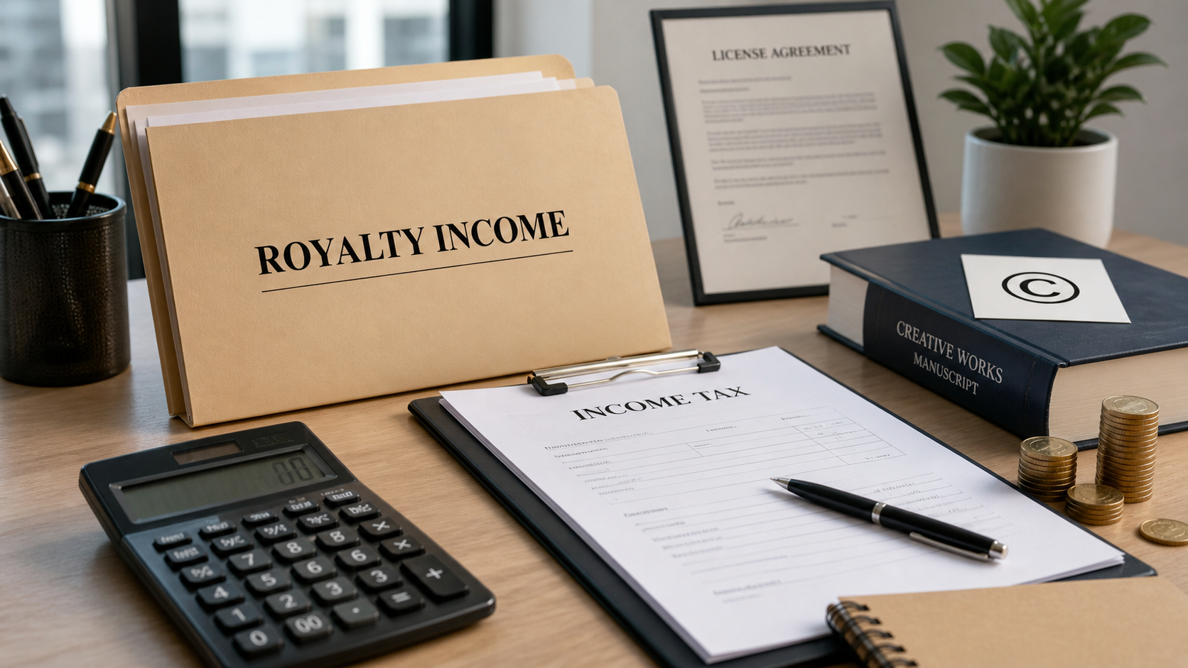 Royalty income tax concept image with income tax form, royalty income file, license agreement, copyright symbol, calculator, pen, and coins on office desk.