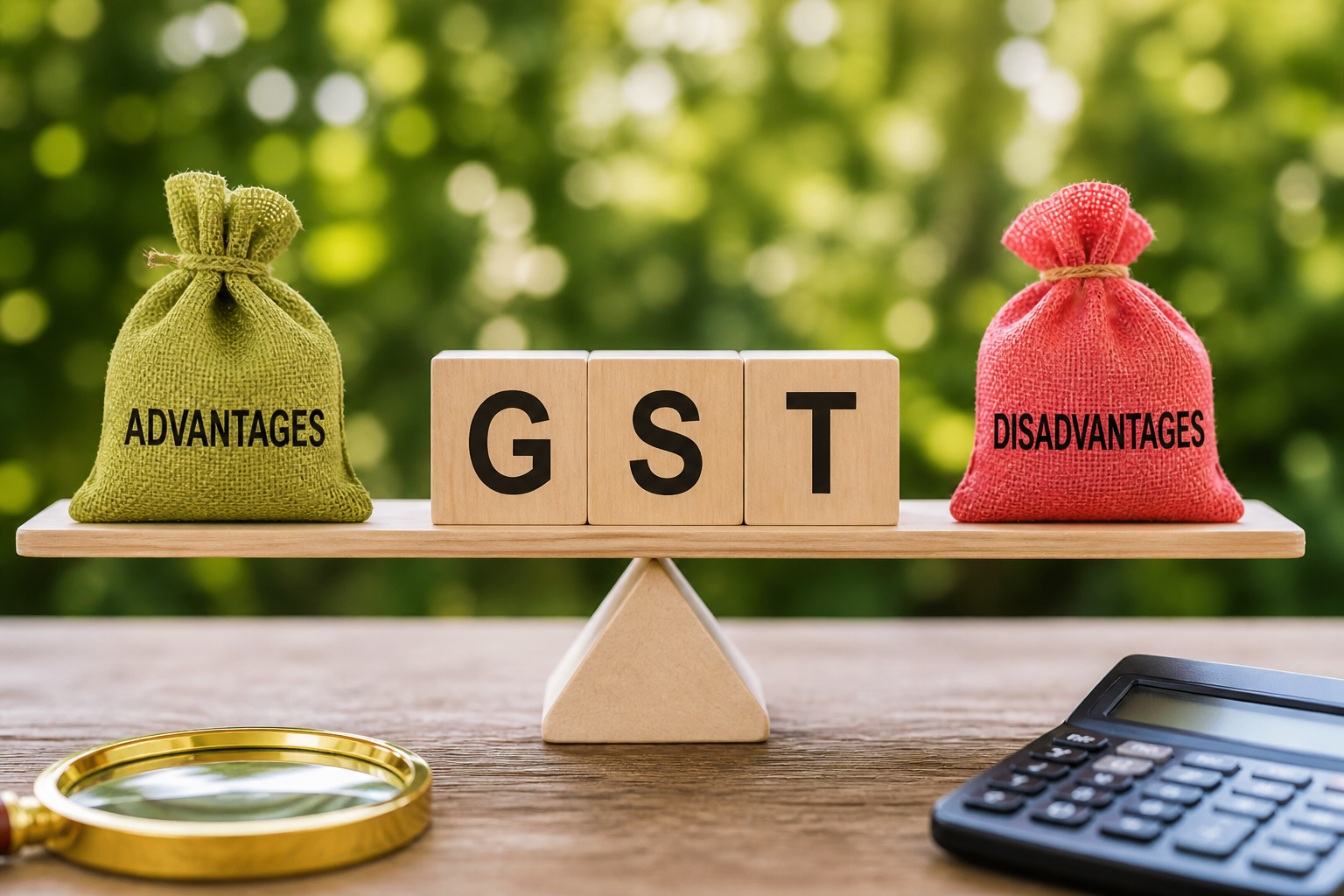 Advantages and disadvantages of GST concept with GST blocks on balance scale, green advantages bag, red disadvantages bag, calculator, and magnifying glass.