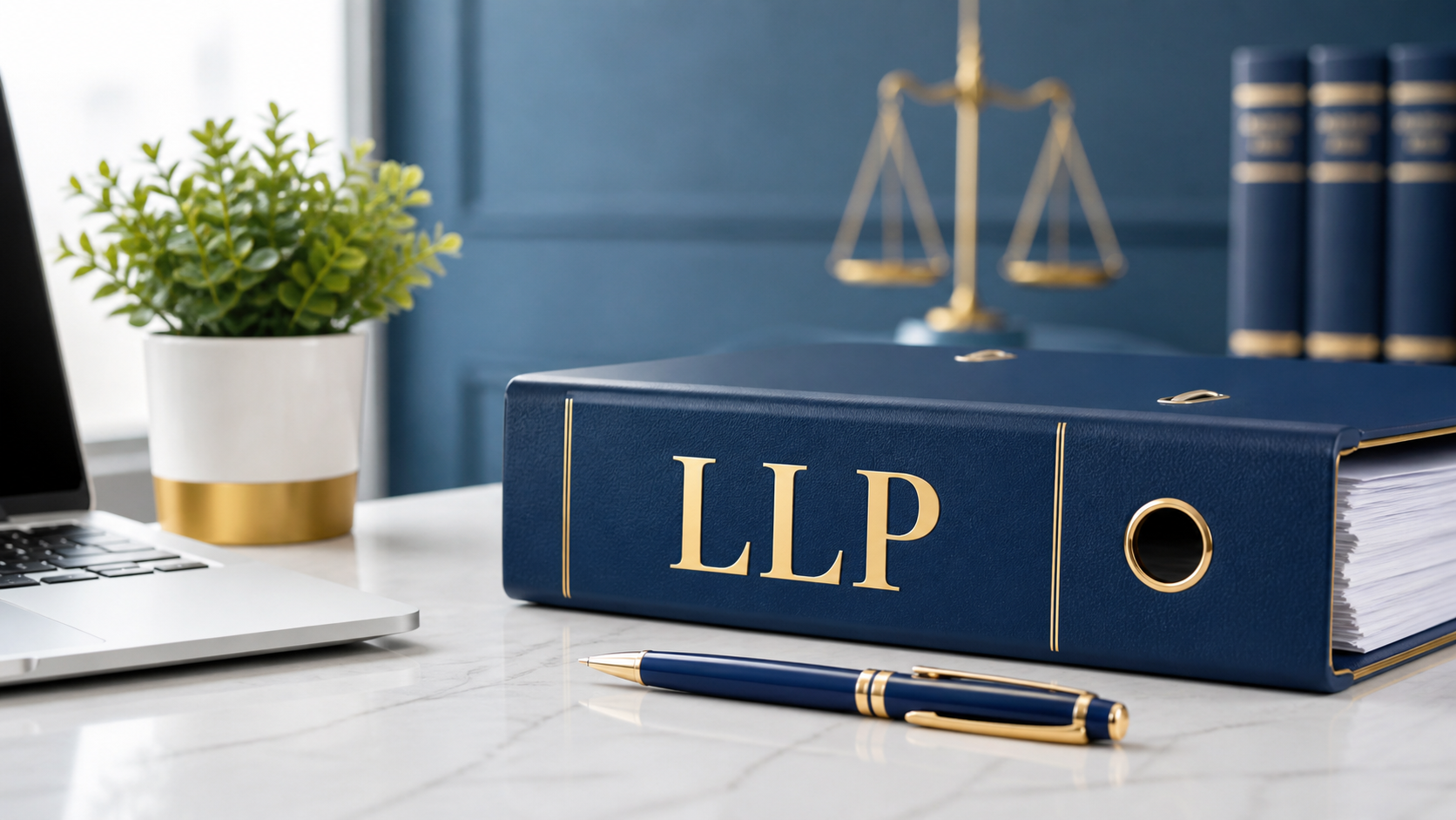 What is LLP (limited liability partnership) 1 LLP concept image with legal documents, office desk, laptop, pen, and professional business setup for blog website.