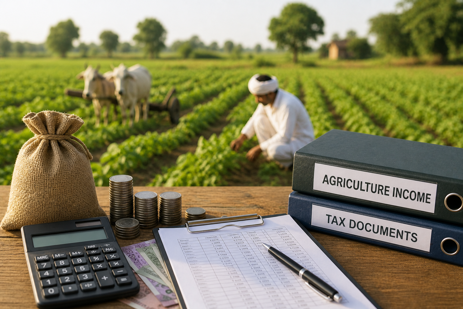 Income Tax On Agricultural Income 1 Agriculture income tax concept with farm field, farmer, calculator, coins, cash, and tax documents for agricultural income in India.