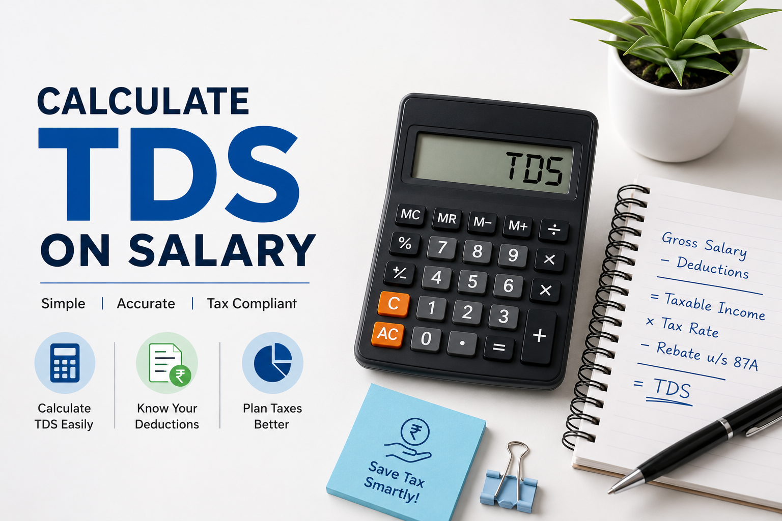 How to calculate TDS on salary 1 Calculate TDS on salary with calculator, salary deductions, taxable income and tax planning concept