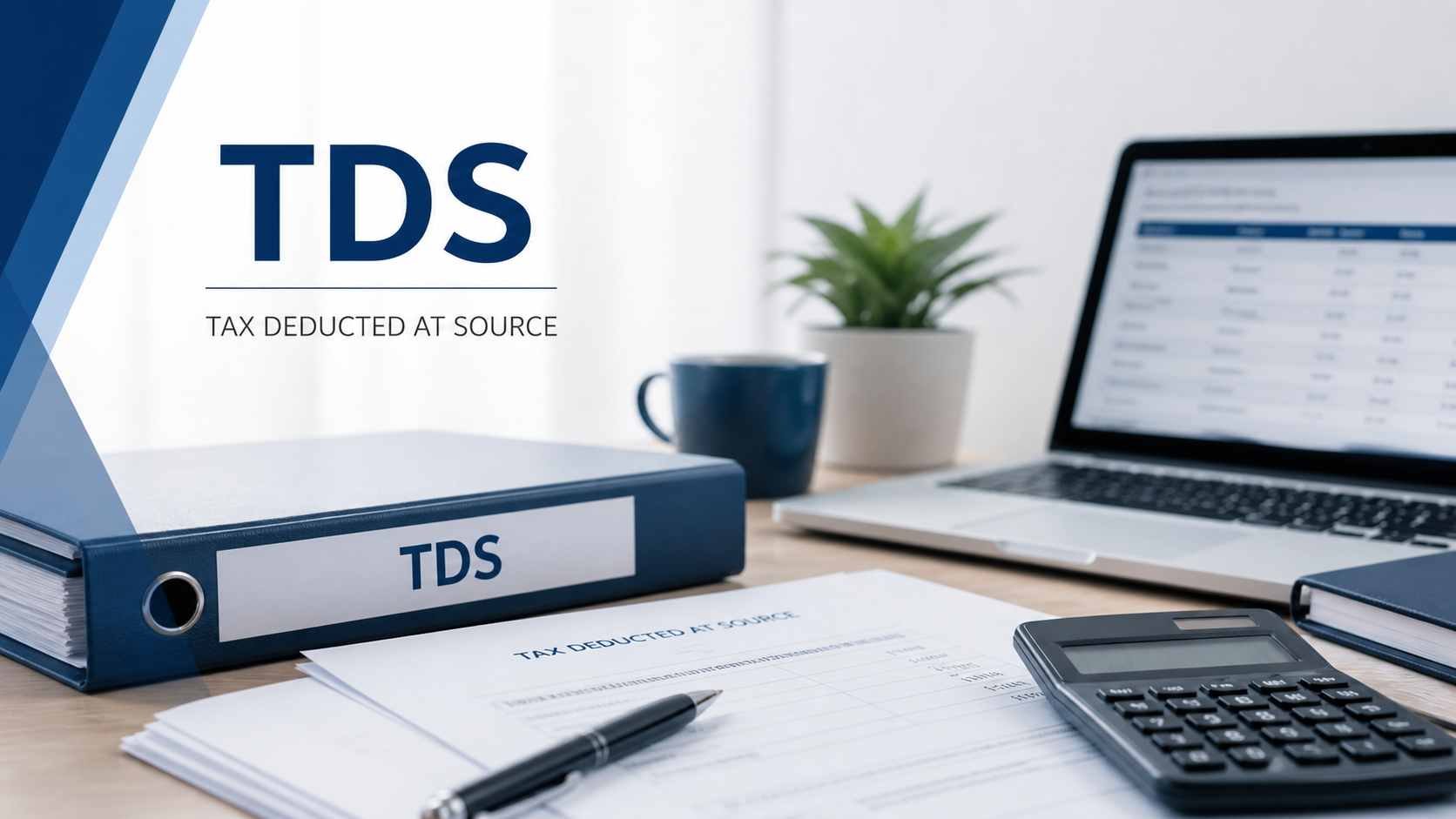 TDS tax deducted at source concept with calculator, documents, laptop, pen, and office desk setup for tax compliance.