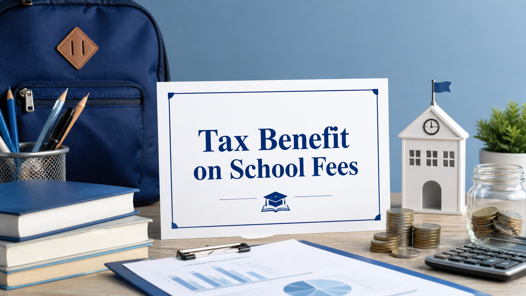 Tax Benefits On School Fees 1 Tax benefit on school fees concept with school bag, books, school building model, coins, fee documents, and education savings setup.