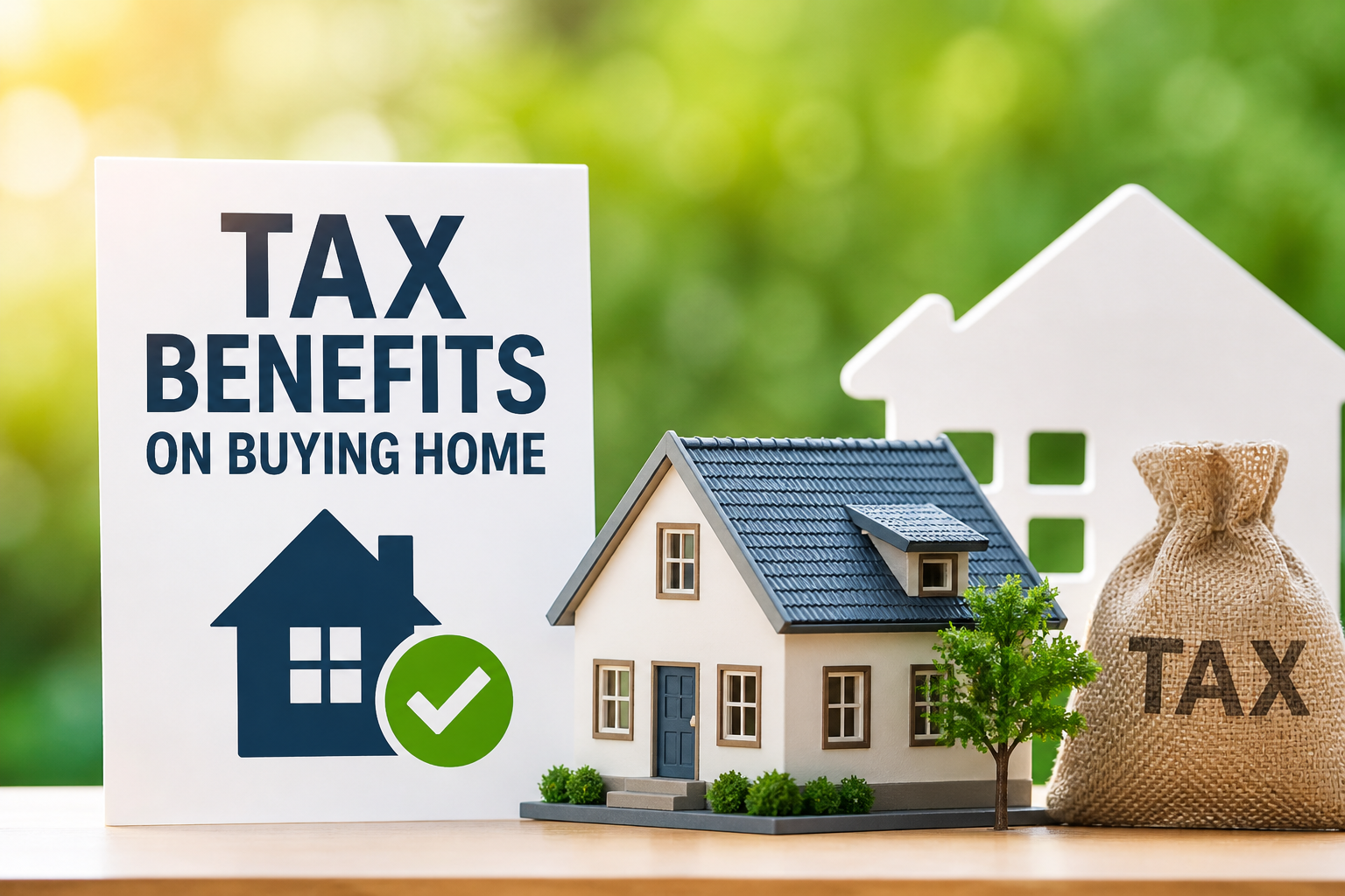 Tax Benefits On Buying Home 1 Tax benefits on buying home concept with house model, tax benefit sign, green checkmark, and tax savings bag.
