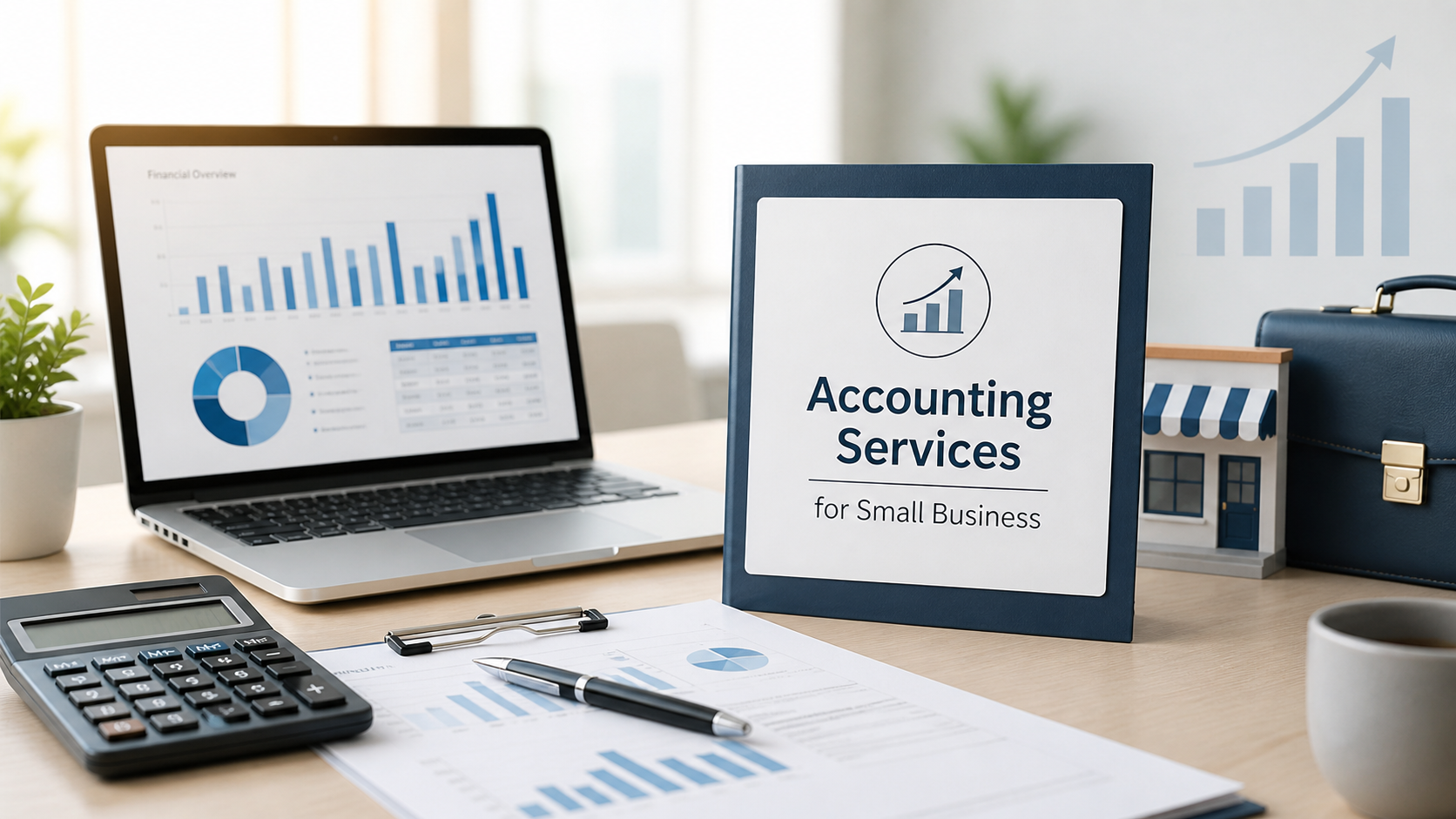 Accounting Services That A Small Business Should Have 1 Accounting services for small business concept with calculator, invoice, financial charts, pen, laptop, and professional office desk setup.