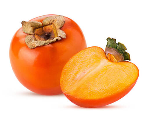 Persimmon fruit and one cut in half isolated on white background. Clipping Path. Full depth of field.
